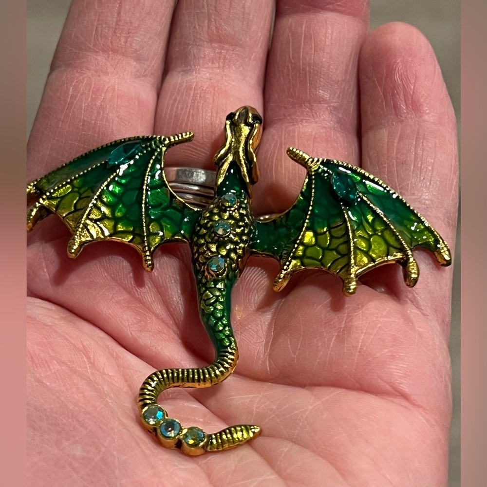 Gold & Green Enamel Dragon Brooch with AB Accents